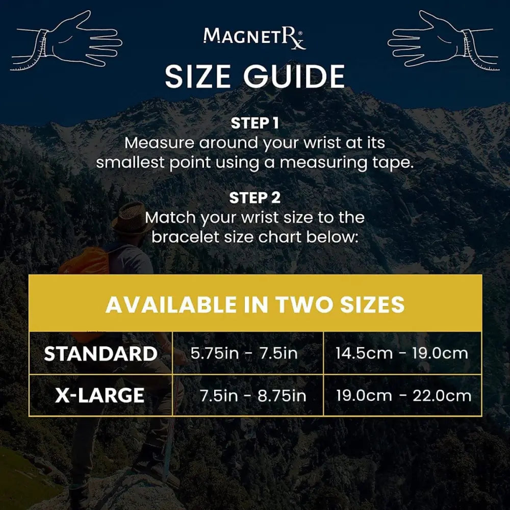 Magnetrx ultra strength grey neodymium magnetic sports bracelet wristband size guide chart with measurements in inches and centimeters