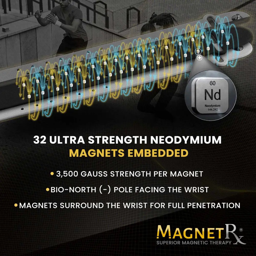 A sleek silver magnetic sports bracelet with 32 ultra-strong neodymium magnets for therapeutic support