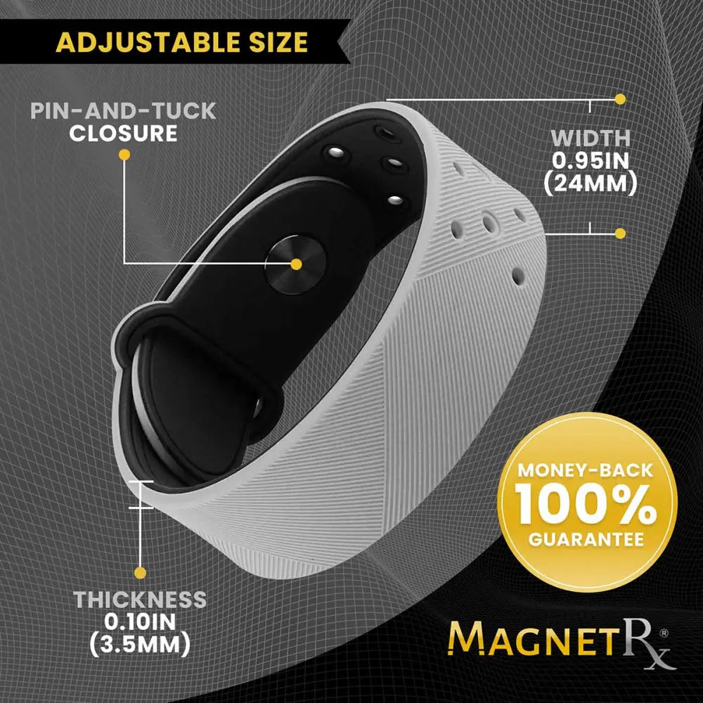 Gray and black adjustable fitness tracker band with textured surface pin and tuck closure for ultra strength neodymium sports bracelet