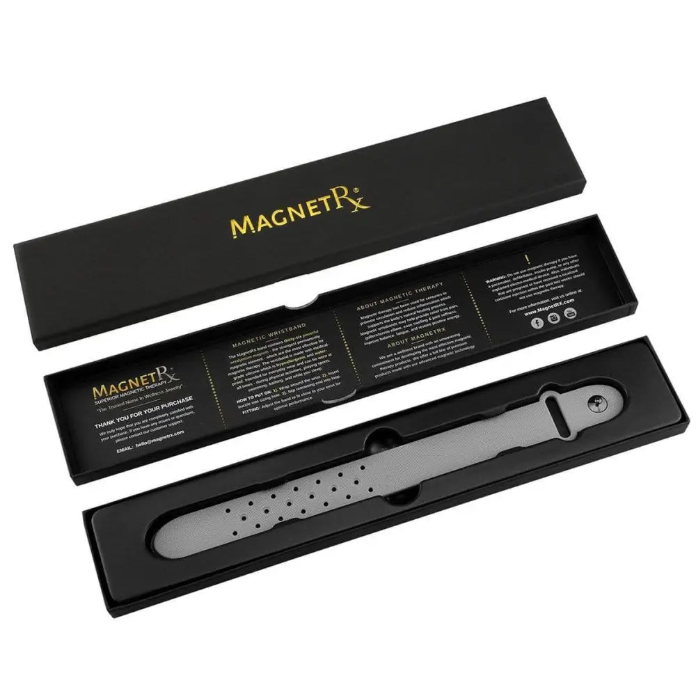 Silver ultra strength grey neodymium magnetic sports bracelet with a sleek minimalist design and perforated texture