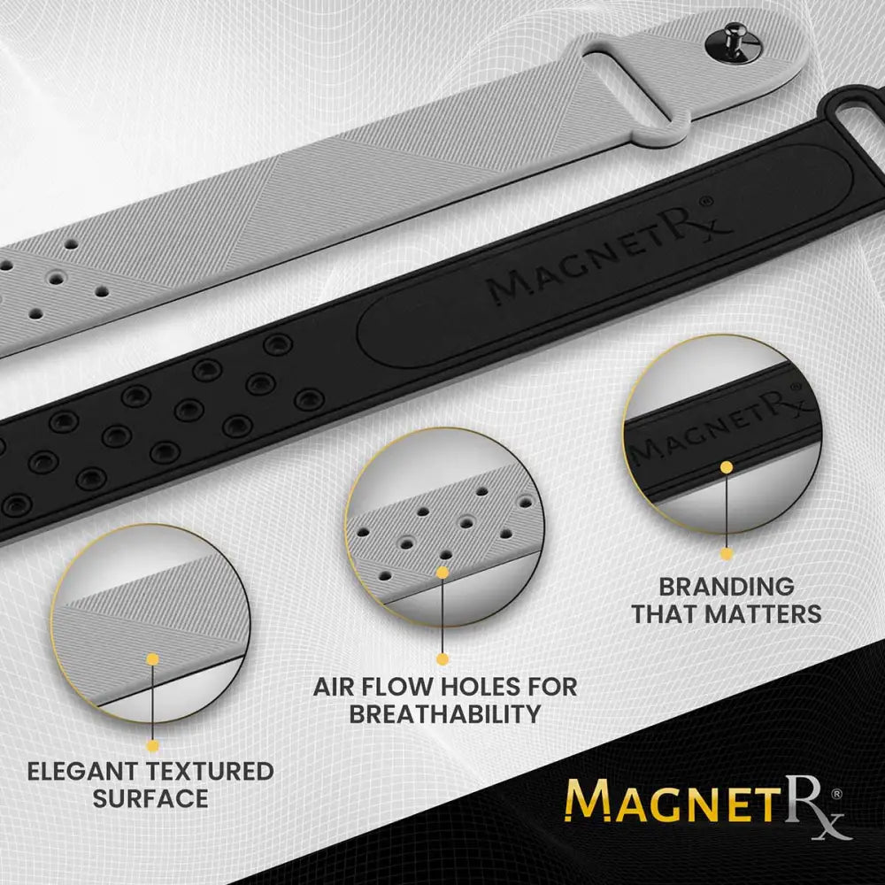 Ultra strength grey neodymium magnetic sports bracelet with gray and black textured wristbands and perforated airflow holes
