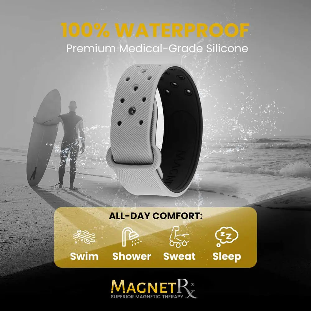 Ultra strength grey neodymium magnetic sports bracelet with a gray and black perforated medical-grade silicone watch band