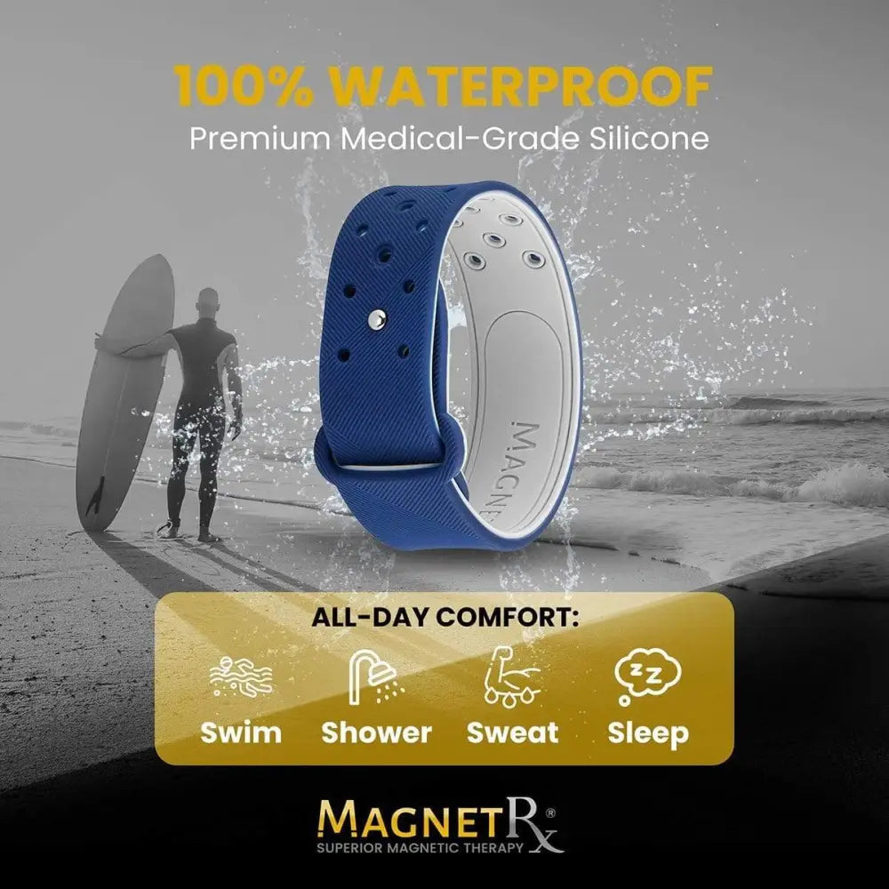 Navy blue and white silicone magnetic therapy sports bracelet with magnetrx engraved on the inner surface