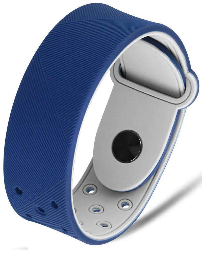 Navy ultra strength magnetic therapy sports bracelet with blue textured silicone band and silver metallic clasp