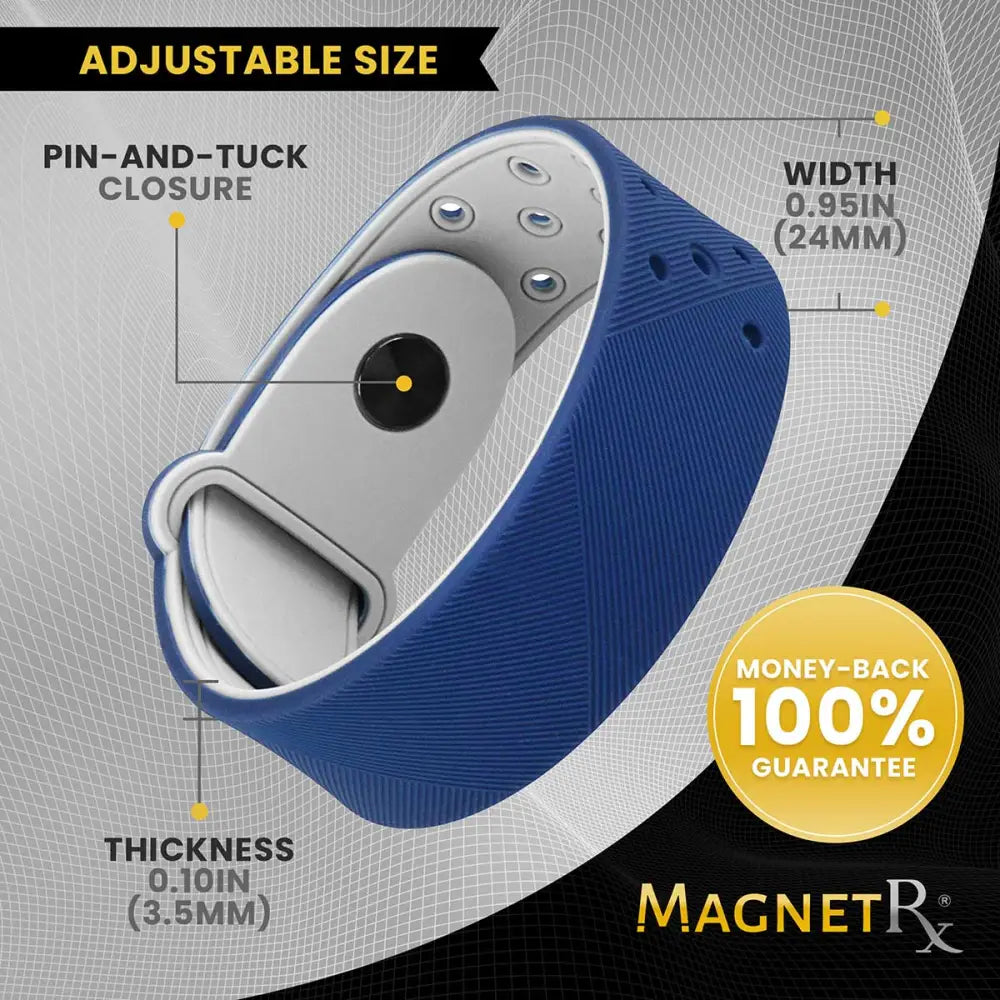 Navy ultra strength magnetic therapy sports bracelet with blue and silver adjustable textured silicone wristband