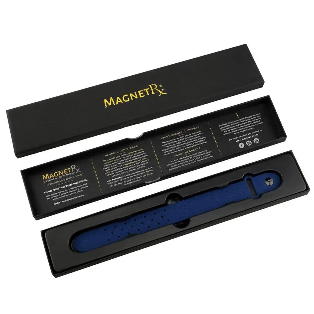 Navy ultra strength magnetic therapy sports bracelet in blue with sleek black packaging and gold lettering