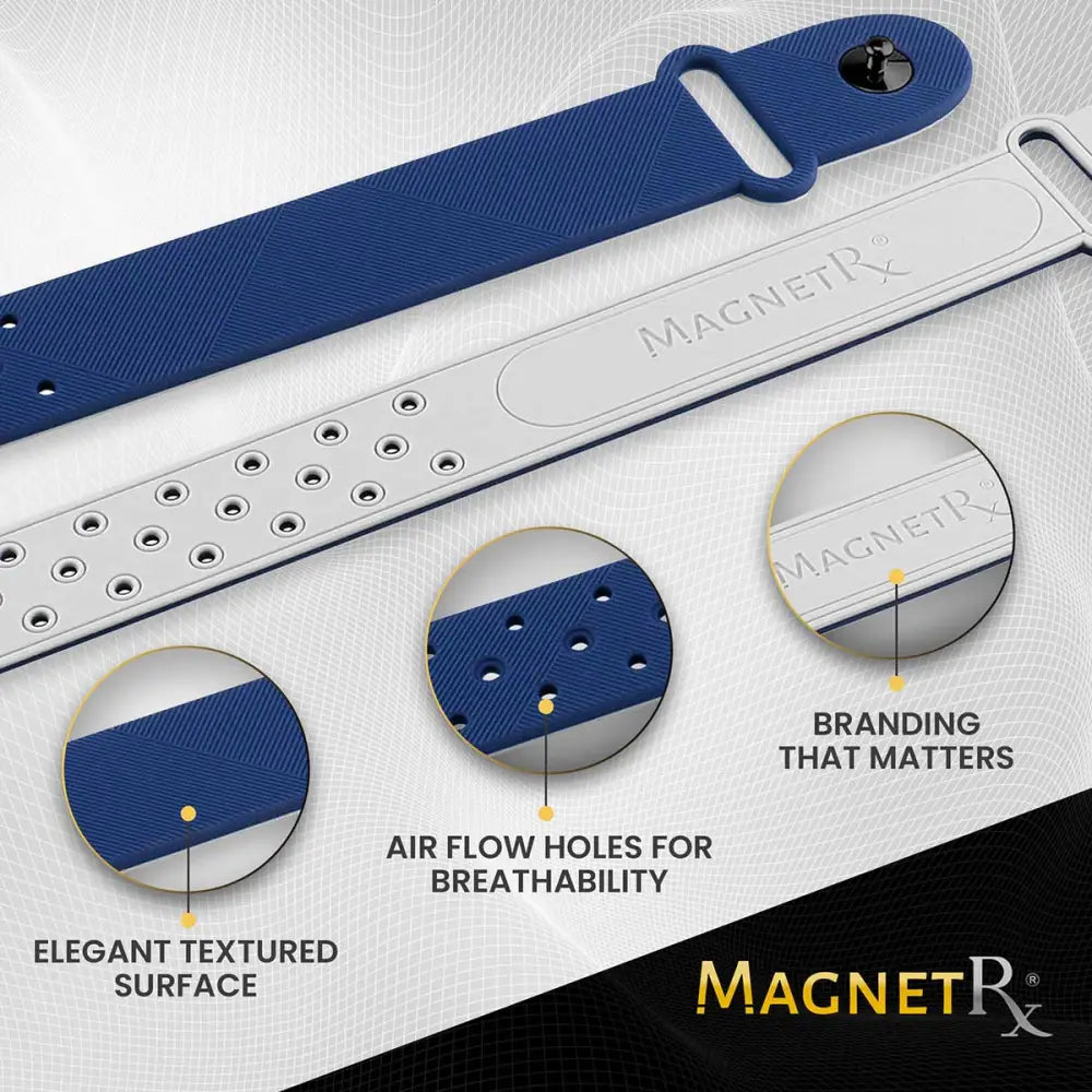 Navy ultra strength magnetic therapy sports bracelet with blue and silver textured magnetic strap and airflow holes for breathability
