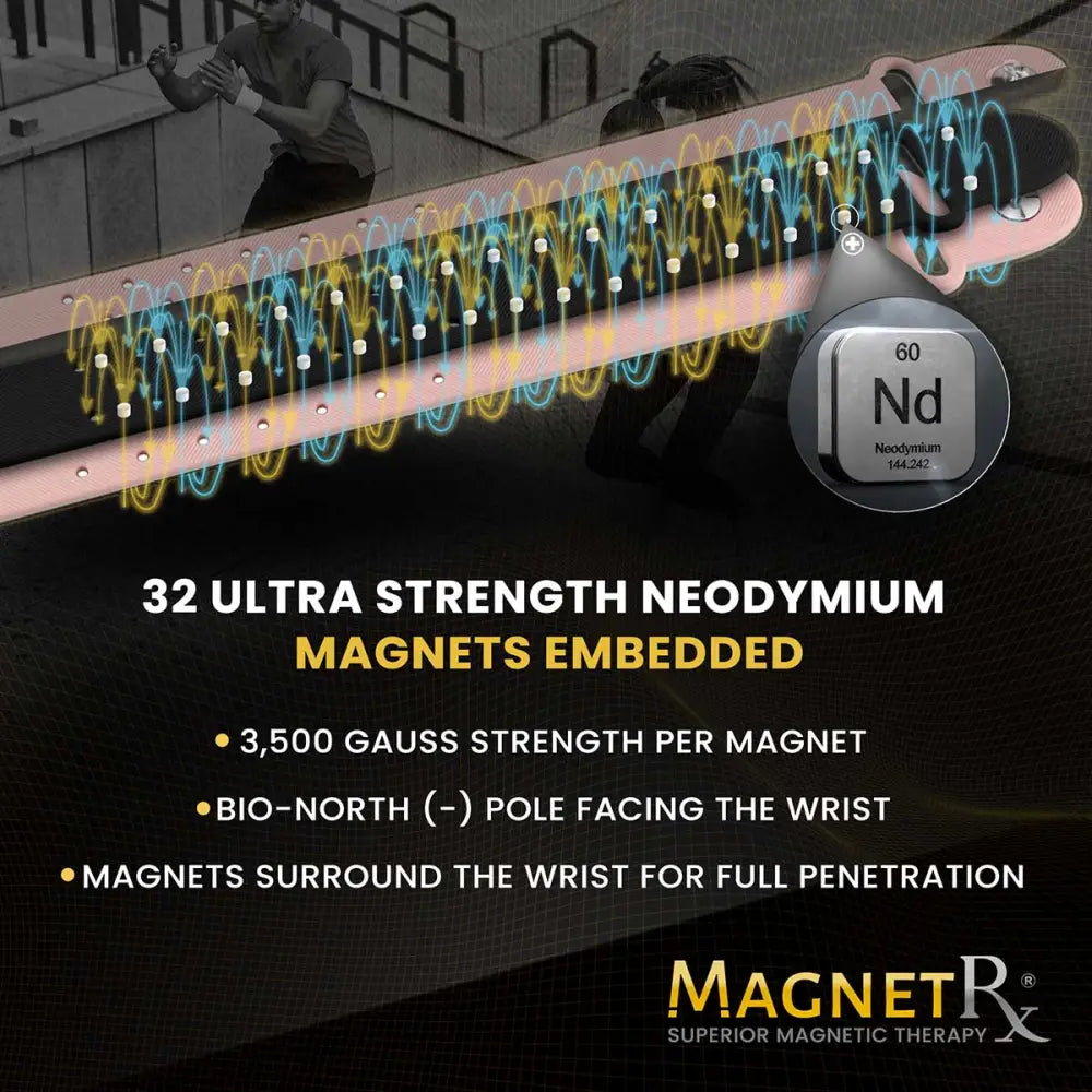 A sleek metallic pink rose ultra strength magnetic therapy sports bracelet with 32 neodymium magnets embedded