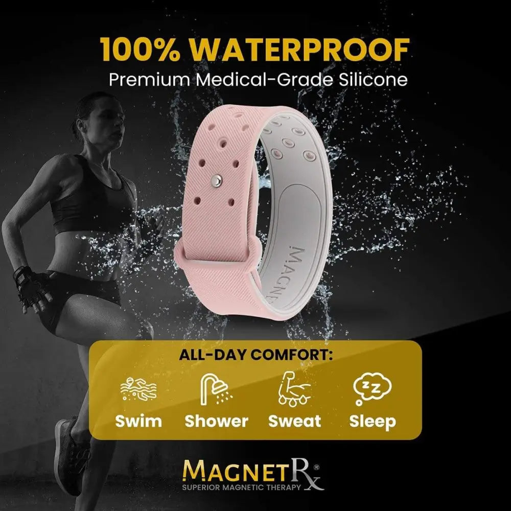 Rose ultra strength magnetic therapy sports bracelet in pink and white silicone with textured surface and embedded circular magnets
