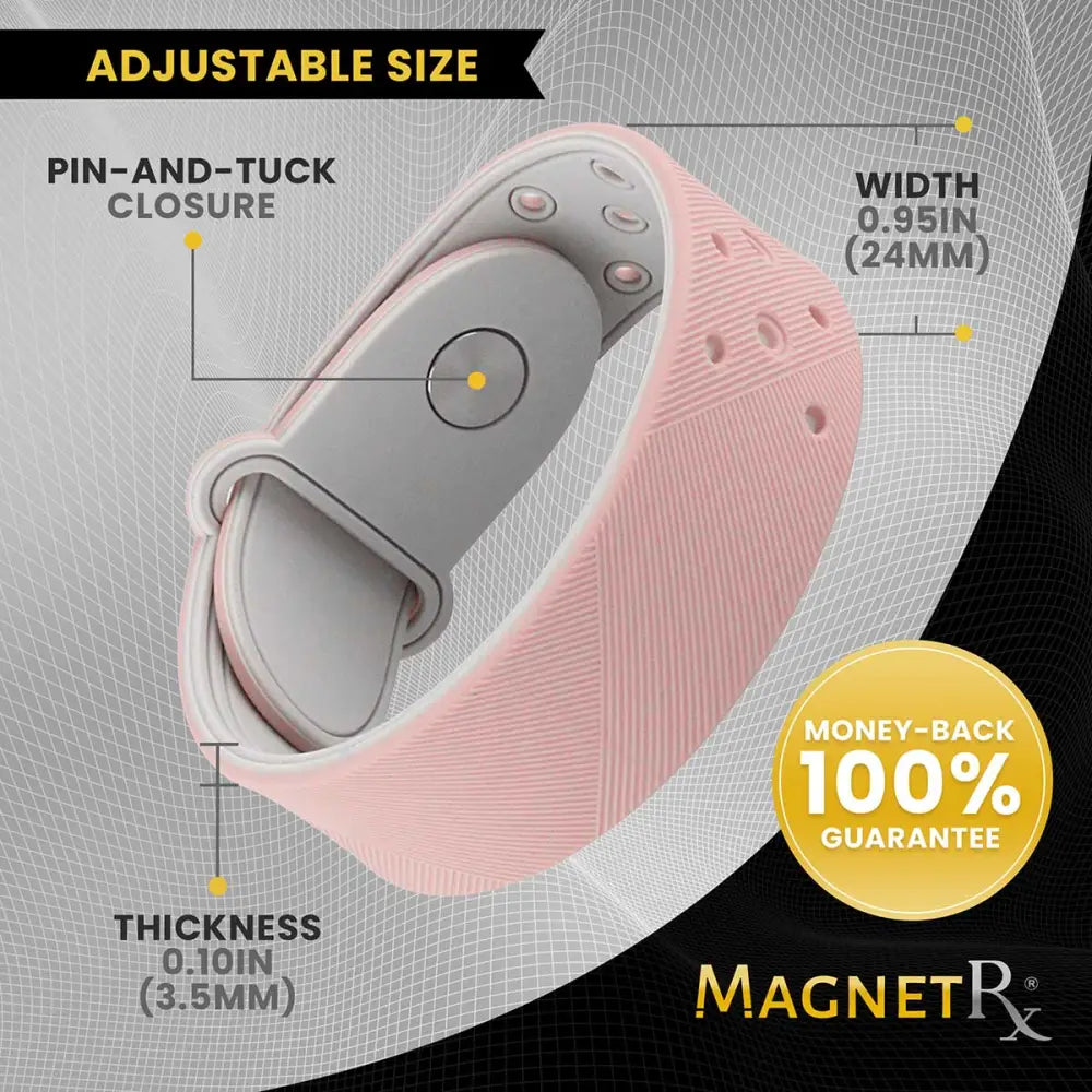Rose ultra strength magnetic therapy sports bracelet with a pink silicone band gray magnetic closure and adjustable fastening