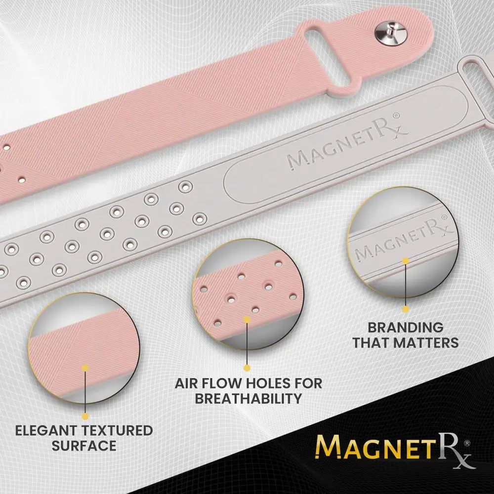 Rose ultra strength magnetic therapy sports bracelet in pink and silver textured material with airflow holes for breathability