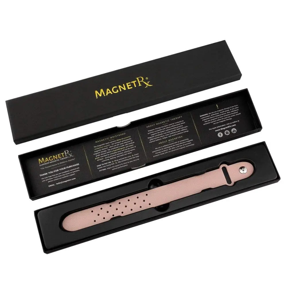 Rose ultra strength magnetic therapy sports bracelet pink silicone wristband with silver clasp in black packaging
