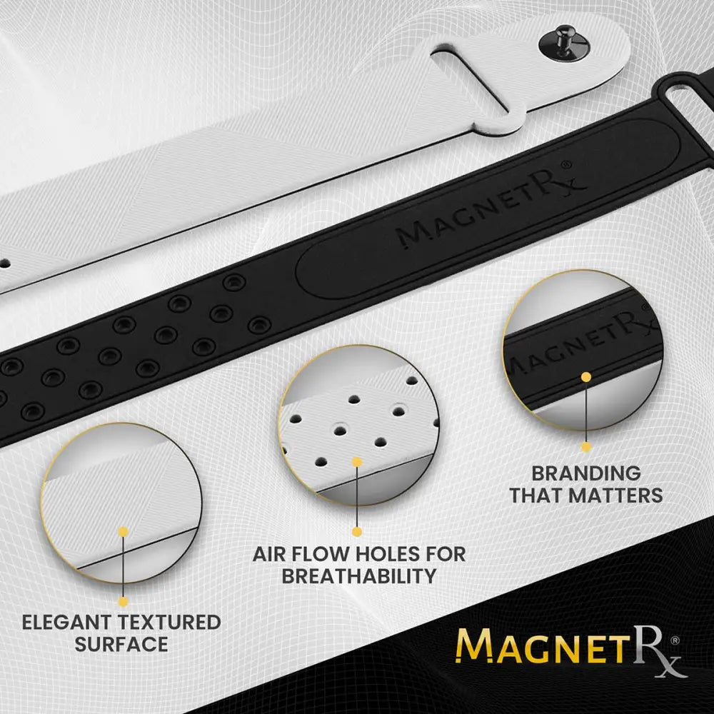 Black textured strap with silver magnetic clasp and breathable perforated design for white ultra strength neodymium magnetic sports bracelet by magnetrx