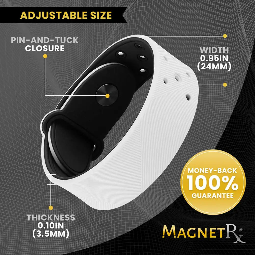 White ultra strength neodymium magnetic sports bracelet with black and white textured adjustable wristband and pin-and-tuck closure