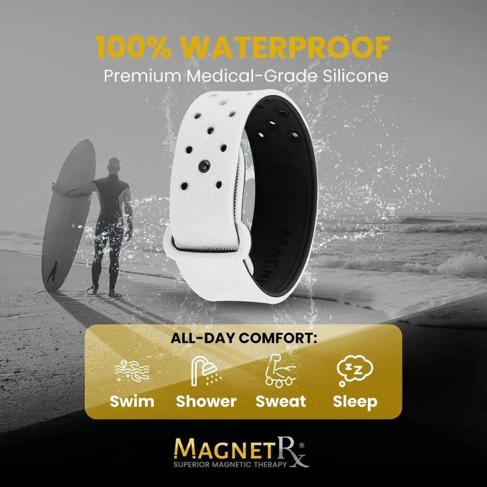White ultra strength neodymium magnetic sports bracelet with white and black perforated silicone band made from medical-grade material