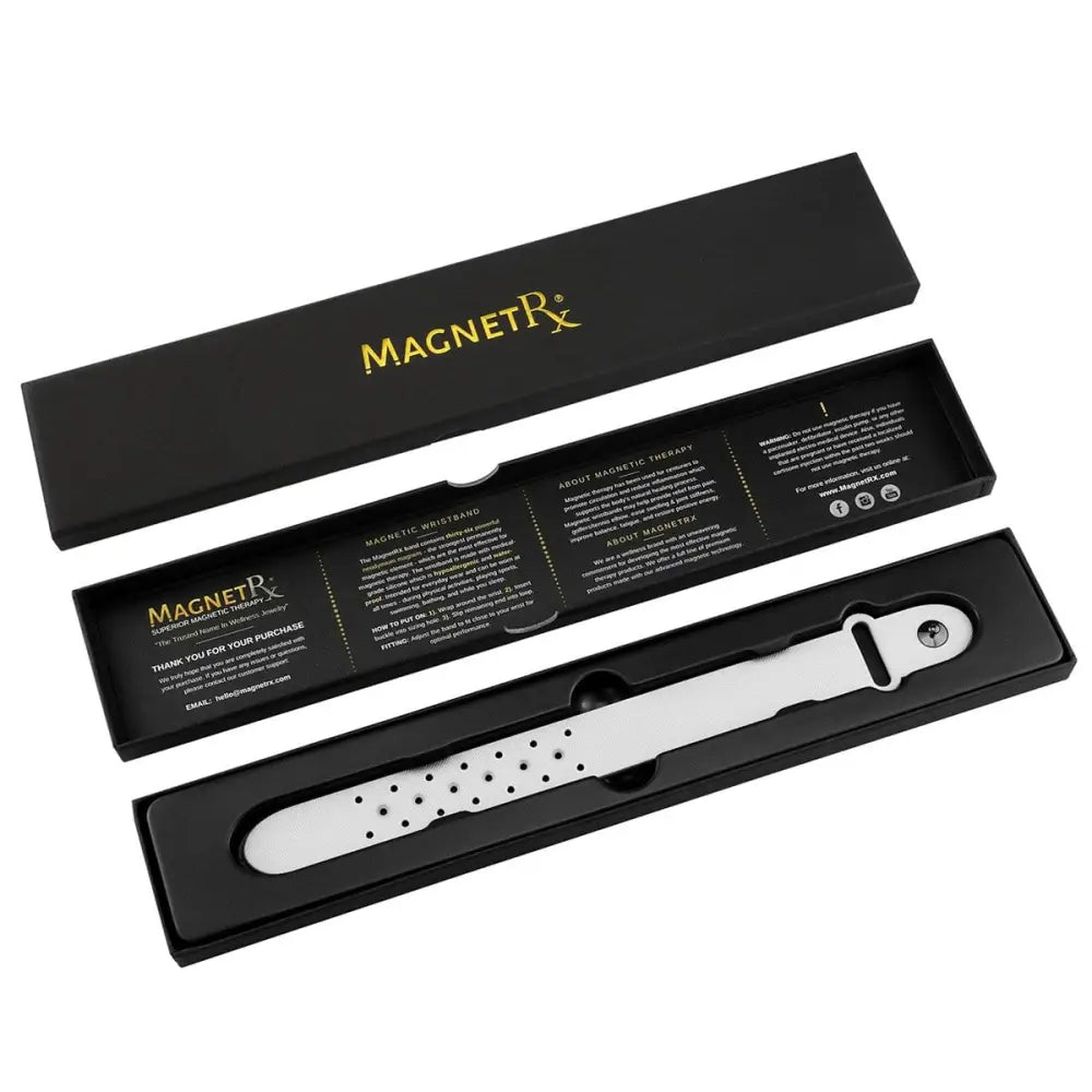 White ultra strength neodymium magnetic sports bracelet with sleek minimalist design and small perforations along length