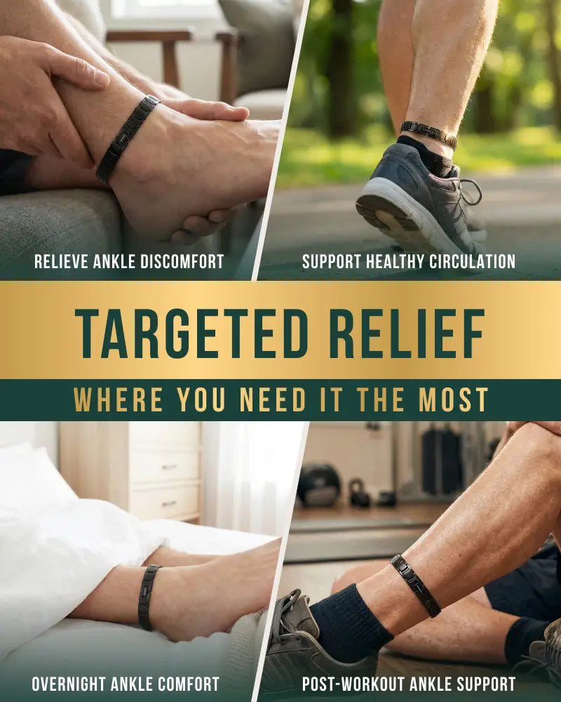 Men’s black titanium magnetic therapy anklet showing textured ankle support band in black material