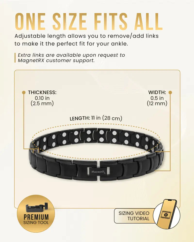 Men’s black titanium magnetic therapy anklet with alternating white dots and a central clasp engraved with MagnetRx
