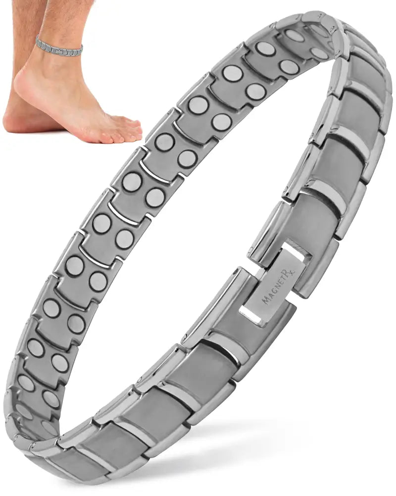 Men’s ultra strength silver titanium magnetic therapy anklet with sleek segmented design and magnetix engraved clasp