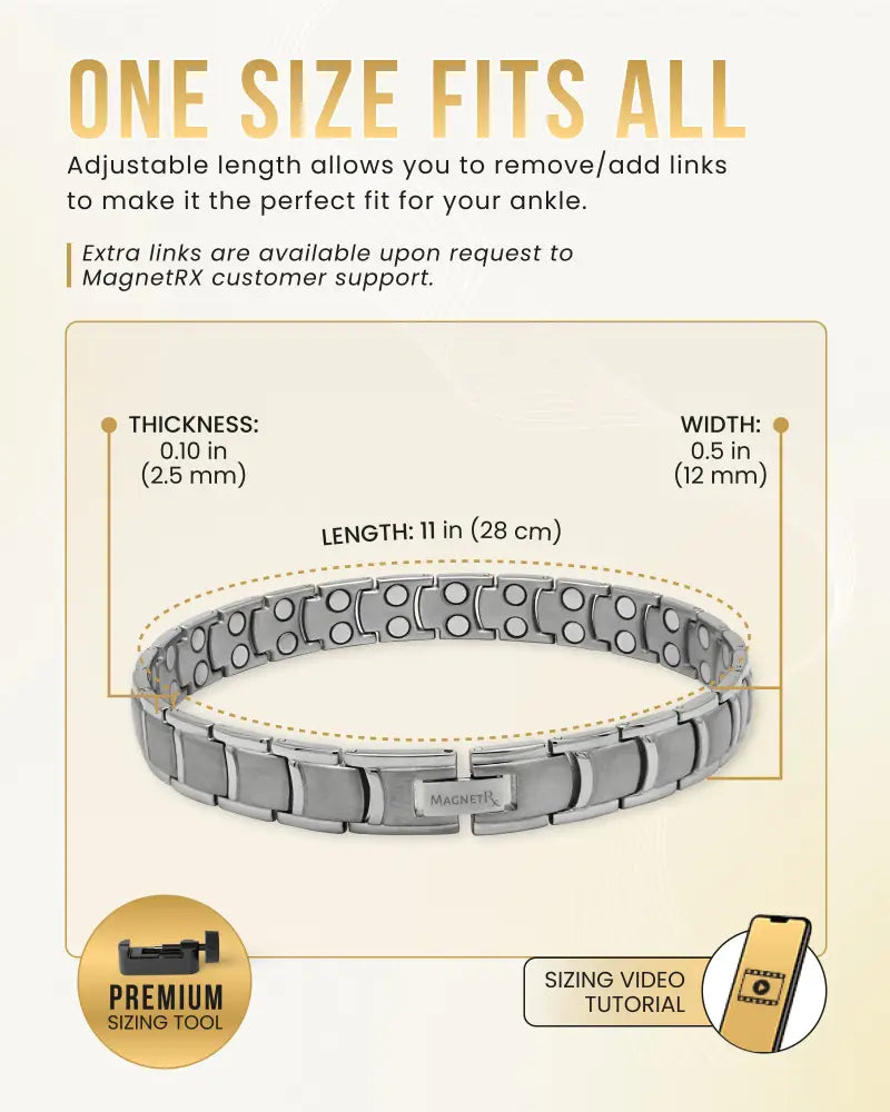 Men’s ultra strength silver titanium magnetic therapy anklet with silver-toned interlocking links and adjustable clasp