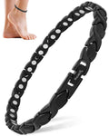 Ultra strength black titanium magnetic therapy anklet with interlocking leaf-shaped links and white circular magnets