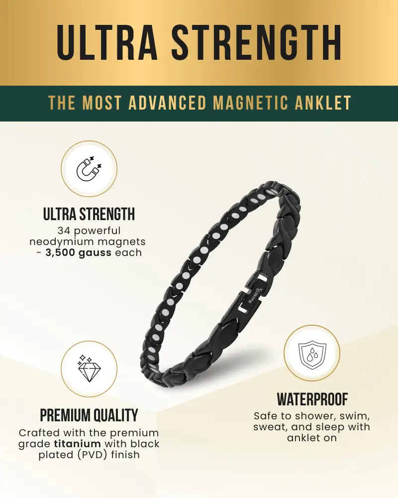 Black titanium magnetic therapy anklet with sleek interlocking chain design and 34 powerful neodymium magnets
