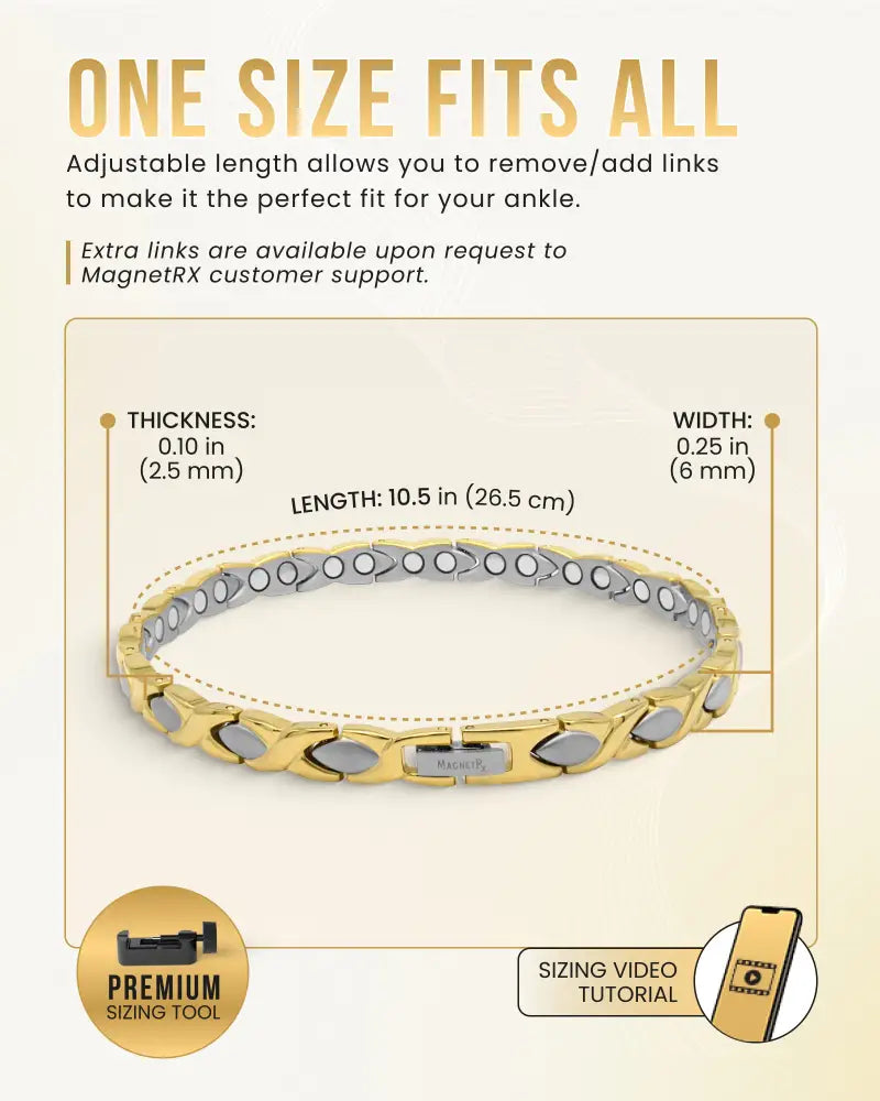 Two tone titanium magnetic therapy anklet with gold and silver interlocking oval links and neodymium magnets
