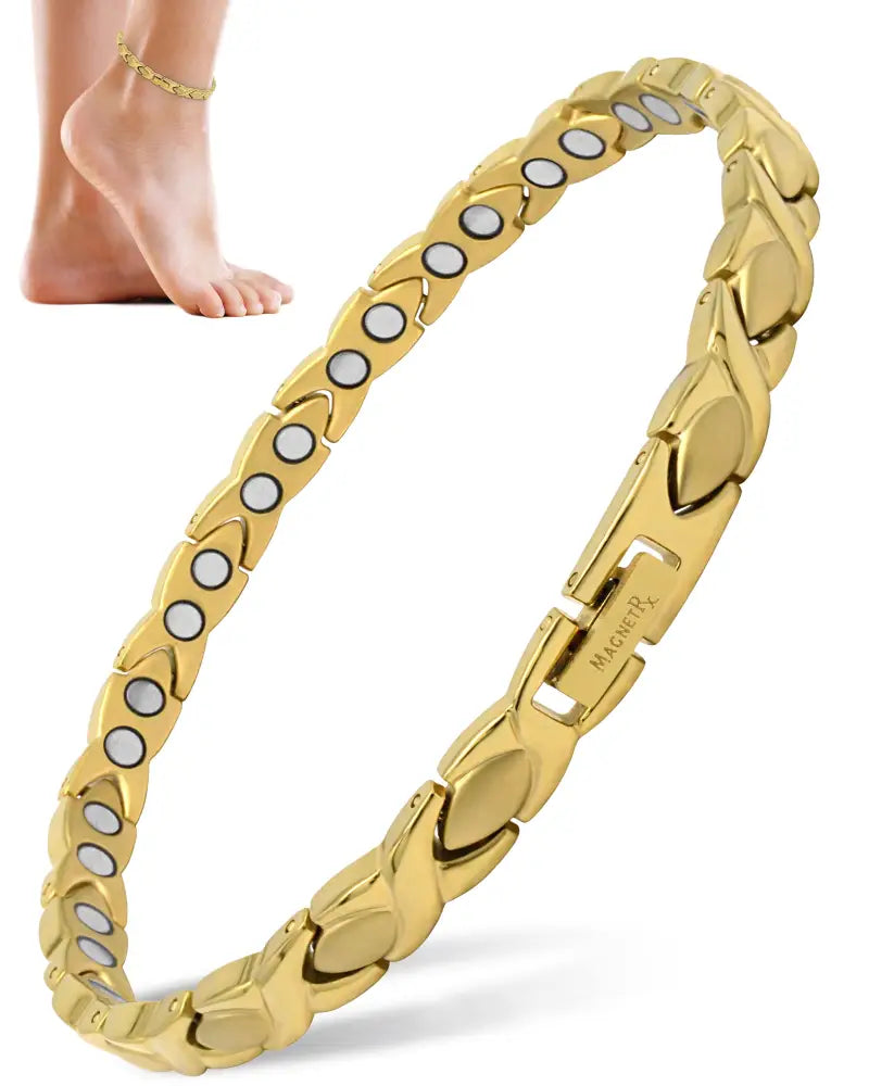 Ultra strength gold titanium magnetic therapy anklet with gold-colored interlocking leaf-shaped links and circular magnets