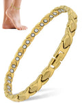 Ultra strength gold titanium magnetic therapy anklet with gold-colored interlocking leaf-shaped links and circular magnets