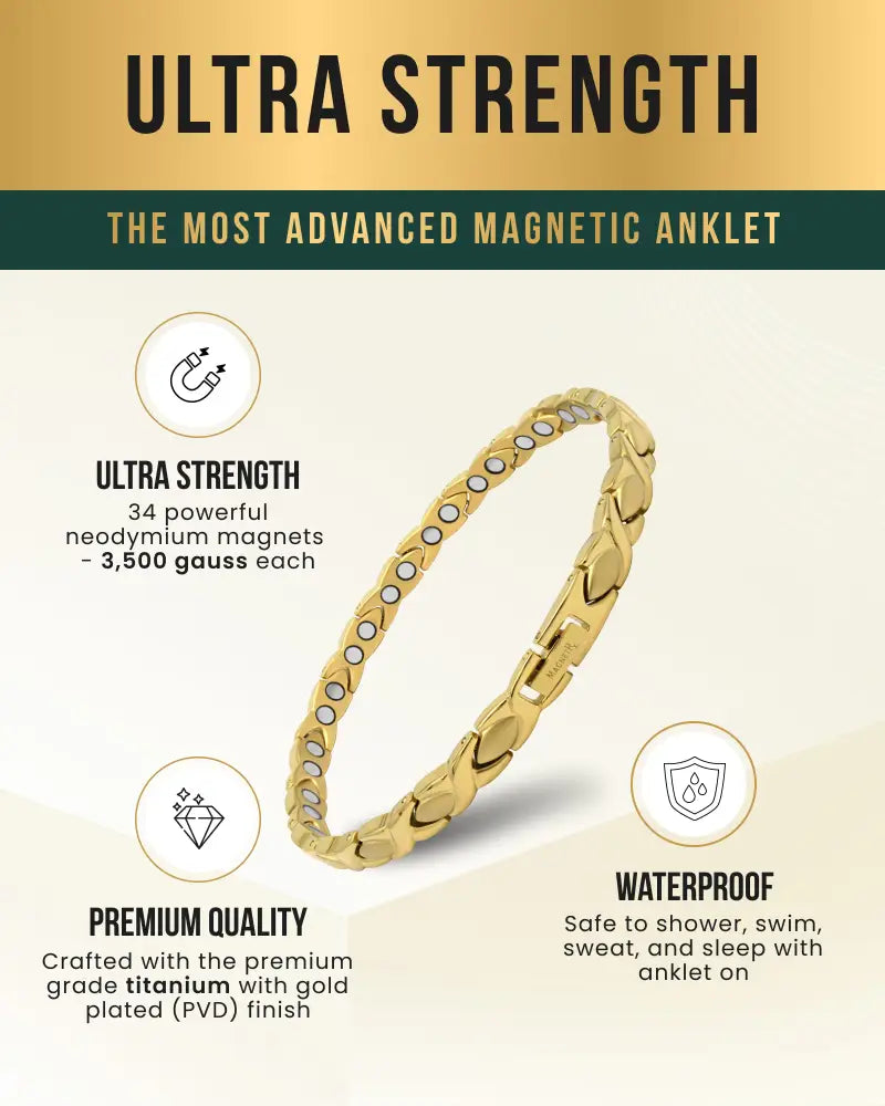 Ultra strength gold titanium magnetic therapy anklet with 34 powerful neodymium magnets for pain relief