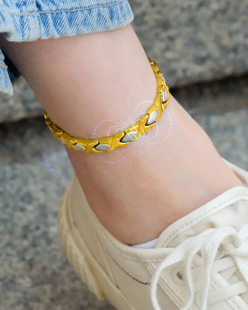 Two tone titanium magnetic therapy anklet with gold and silver-toned interlocking geometric links and neodymium magnets