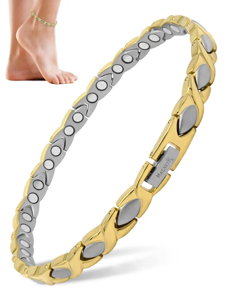 Gold and silver two tone titanium magnetic therapy bracelet with interlocking oval links featuring neodymium magnets