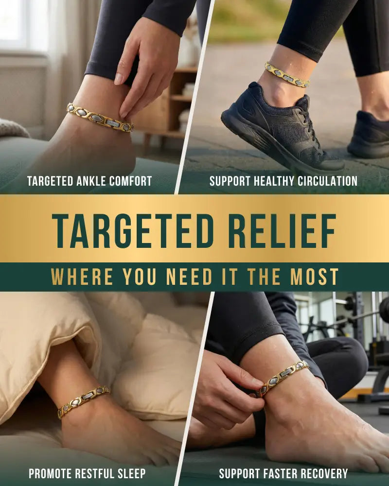 Gold-toned two tone titanium magnetic therapy anklet with interlocking segmented design and neodymium magnets