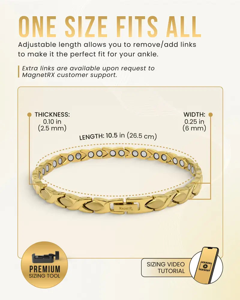 Ultra strength gold titanium magnetic therapy anklet featuring gold-toned interlocking links with adjustable length