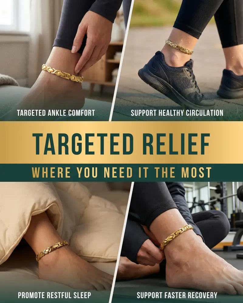 Gold-toned interlocking-link ankle support brace made of titanium for ultra strength magnetic therapy anklet use