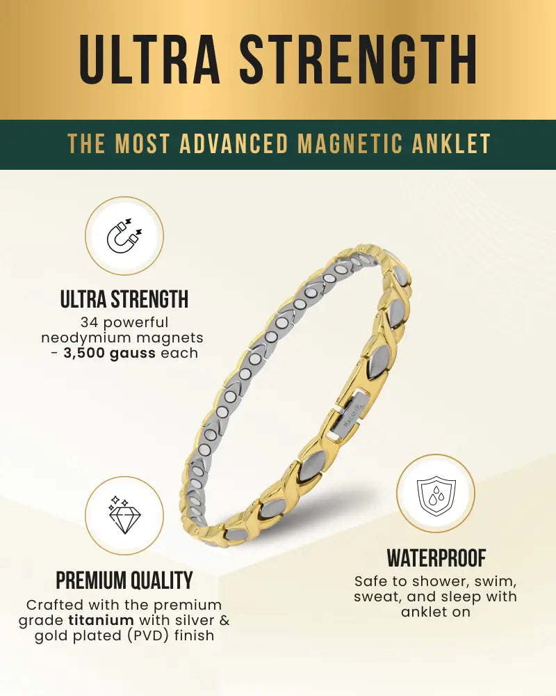 Two tone gold and silver plated titanium magnetic therapy anklet with 34 neodymium magnets for pain relief
