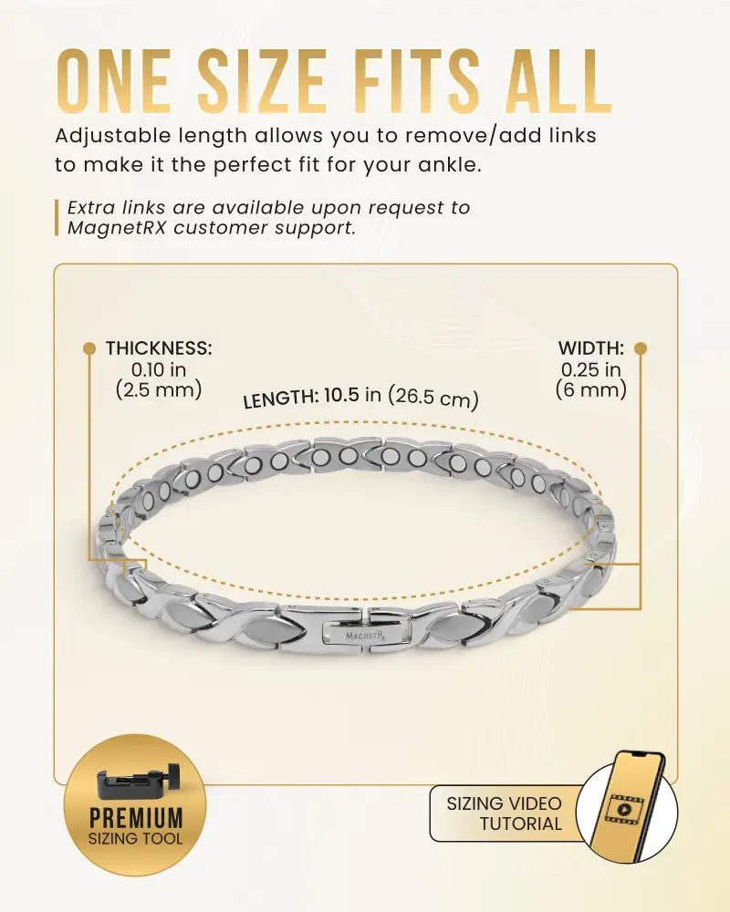 Silver titanium magnetic therapy anklet for women with adjustable silver-toned interlocking chain and engraved magnetrx clasp