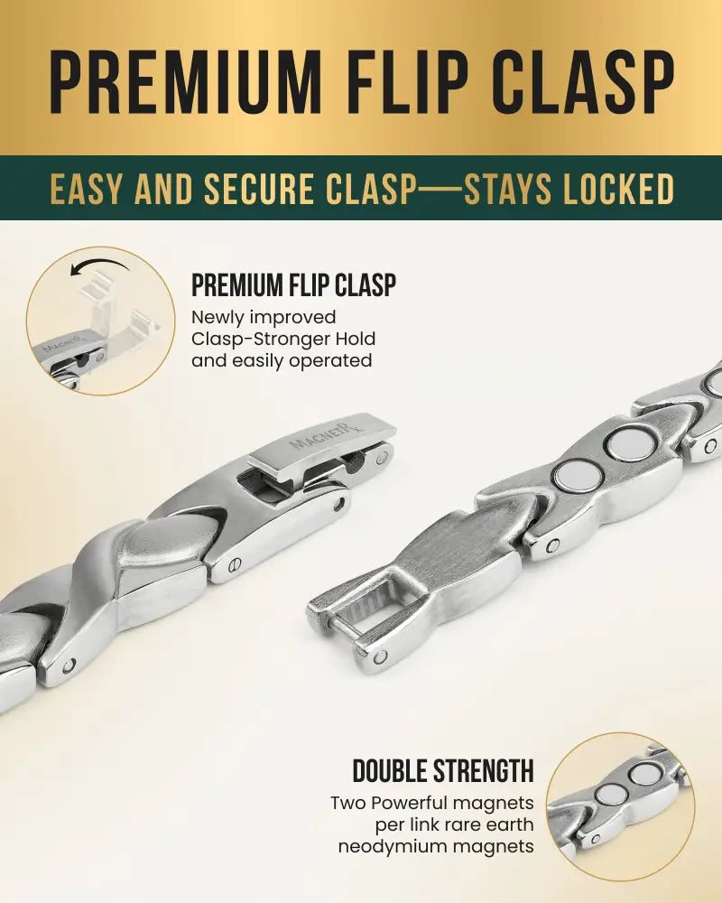Silver titanium magnetic therapy anklet for women featuring a silver stainless steel magnetic chain with premium flip clasp design