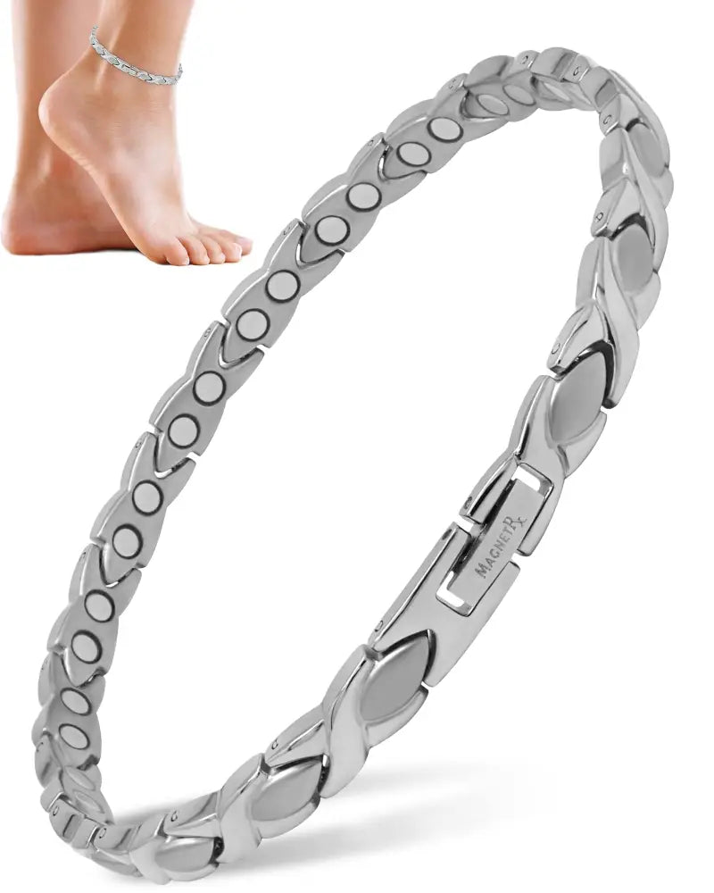 Silver titanium magnetic therapy anklet for women with silver-toned interlocking leaf links and circular magnet inlays