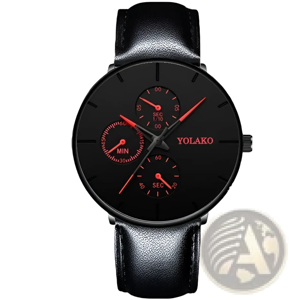 Ultra thin black mesh quartz watch men with black leather strap black dial and three red subdials by yolako