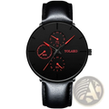 Ultra thin black mesh quartz watch men with black leather strap black dial and three red subdials by yolako