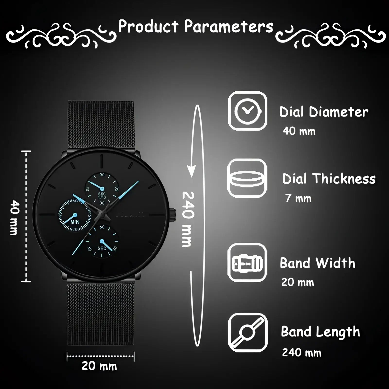 Ultra thin black mesh quartz watch men with black dial and three subdials featuring blue luminous hands