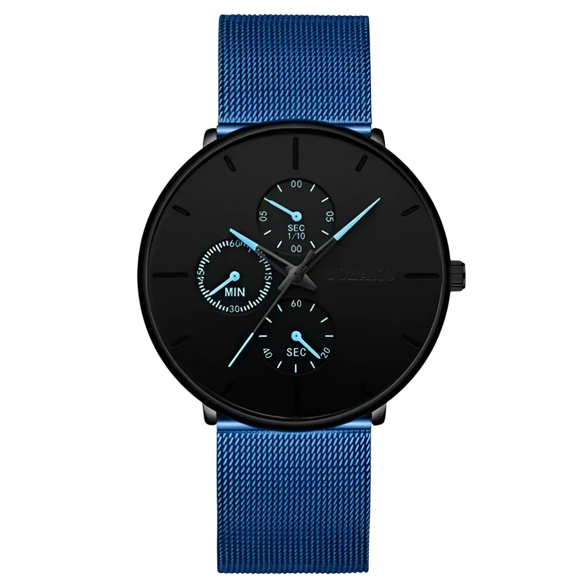 Ultra thin black mesh quartz watch for men with blue mesh band black dial three subdials and light blue hands