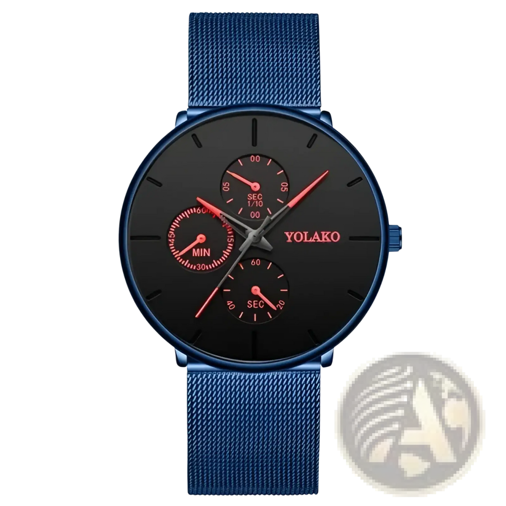 Ultra thin black mesh quartz watch for men with blue mesh strap black face and red accents on hands and subdials