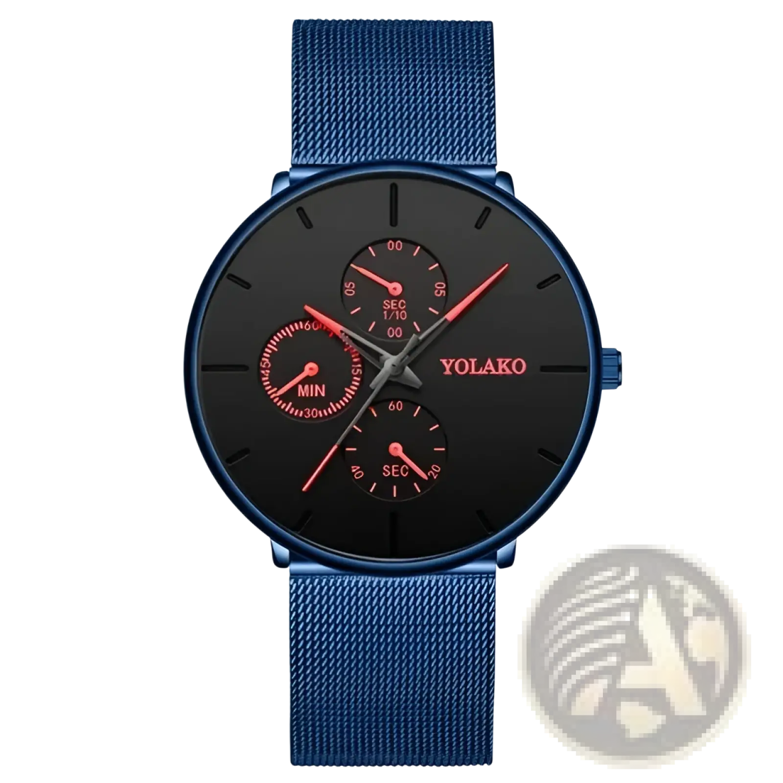 Ultra thin black mesh quartz watch for men with blue mesh strap black face and red accents on hands and subdials