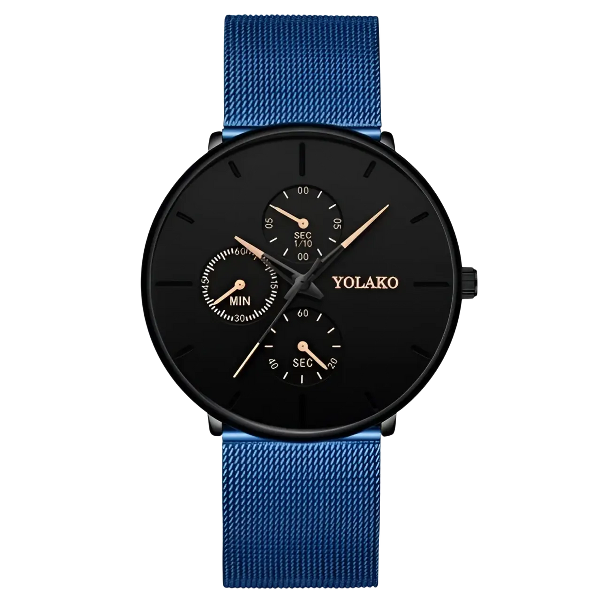 Ultra thin black mesh quartz watch for men with a blue mesh strap black dial three subdials and yolako branding