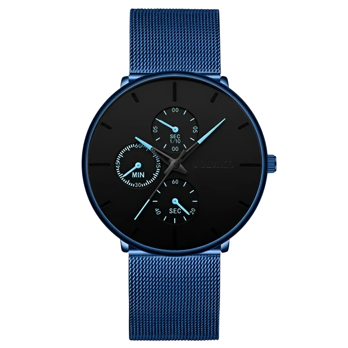 Ultra thin black mesh quartz watch for men with blue mesh strap black dial and three subdials with light blue hands