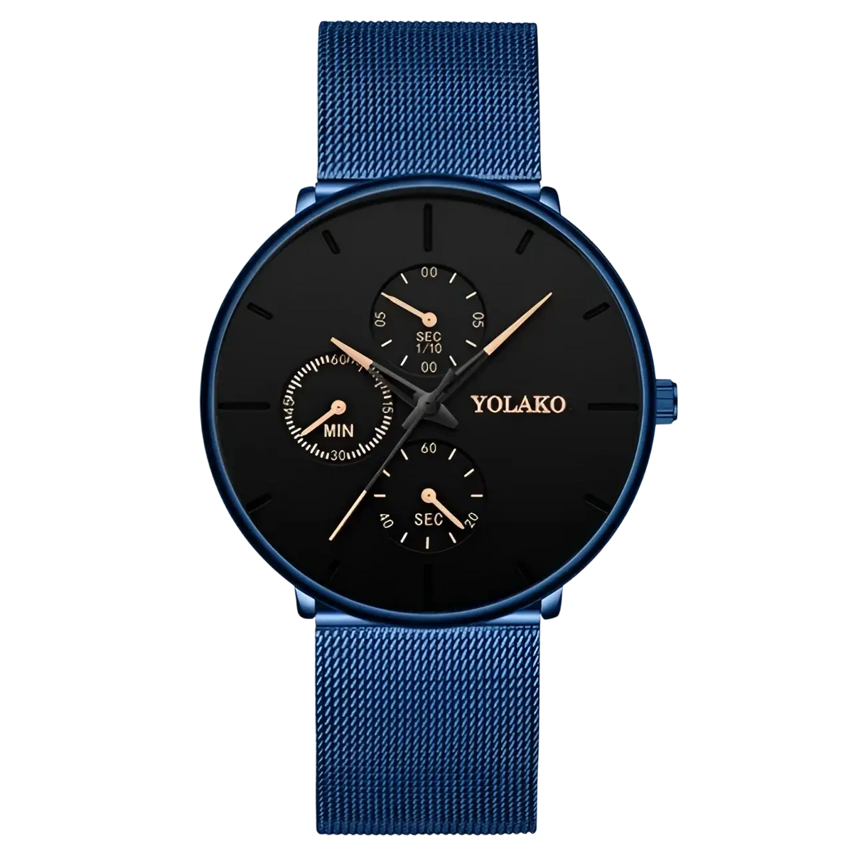 Ultra thin black mesh quartz watch men with blue strap, black dial, three subdials, rose gold hands by yolako