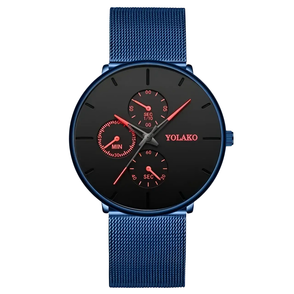 Ultra thin black mesh quartz watch for men with a blue mesh strap and black face with red accents