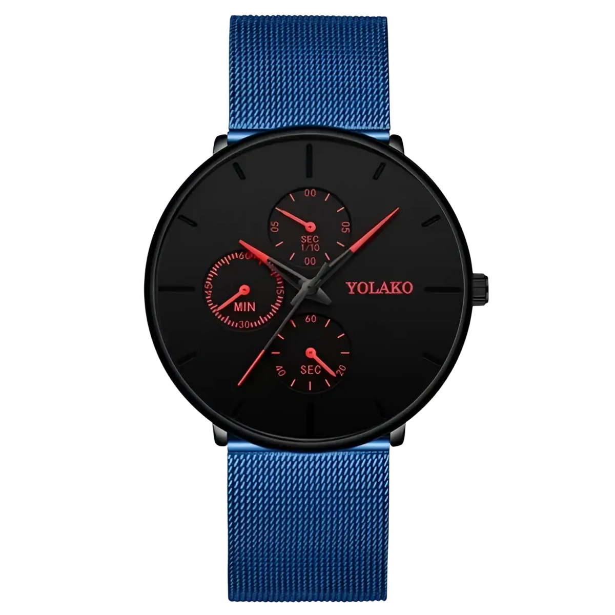 Ultra thin black mesh quartz watch for men with blue mesh strap black face and red accents with three subdials